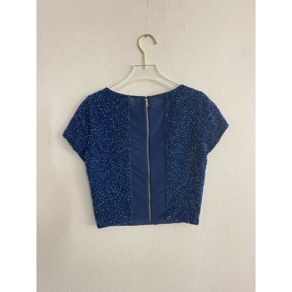 Alice + Olivia Vintage Top 2 Blue Sequin Gillter Sparkle Crop Top Baby Tee Y2K - Picture 6 of 9
